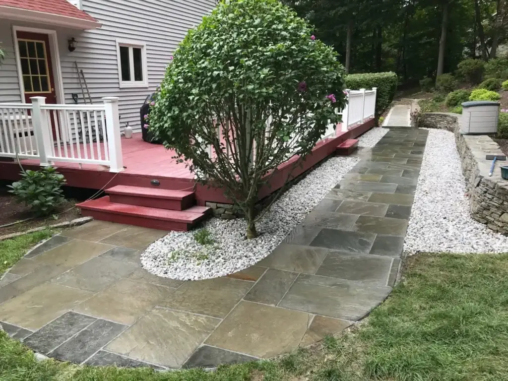 Patio Builder Bluestone Patio Red Porch New Milford Ct - Creative Minds Landscaping LLC - Creative Minds Landscaping LLC Bluestone patio beside a red porch in New Milford, CT by Creative Minds Landscaping